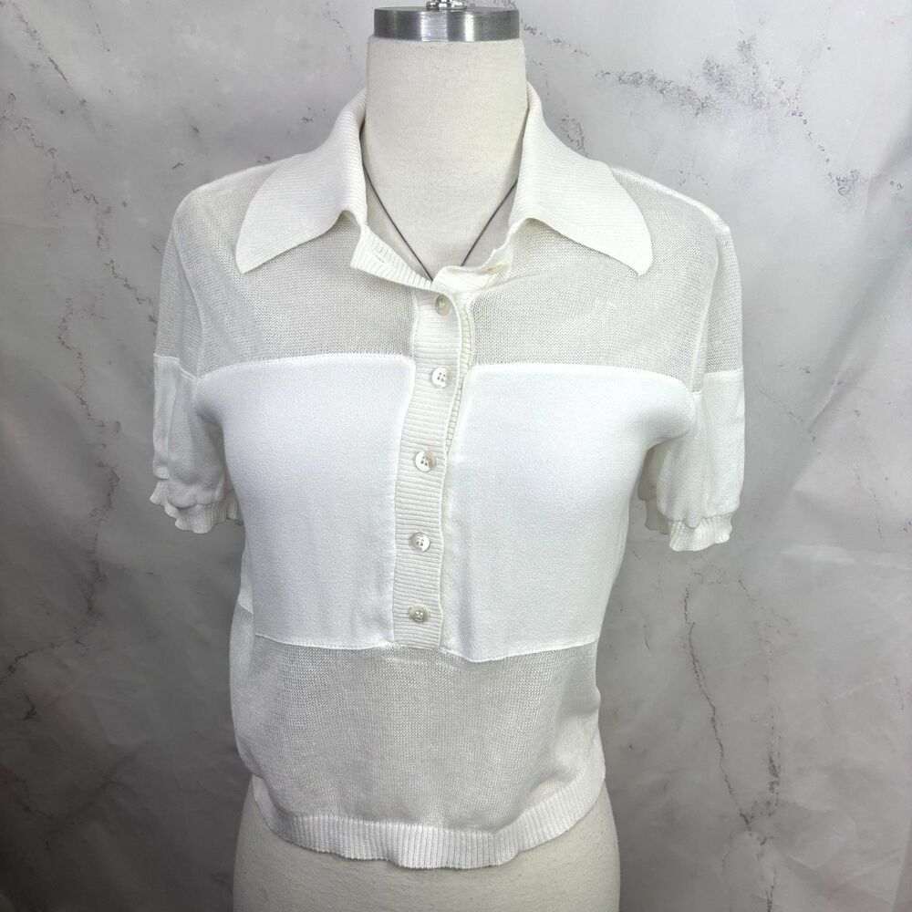 STAUD Short Sleeve Polo Mesh Top Blouse Women XS White Cropped Preppy Retro